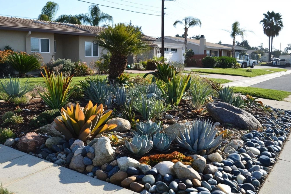 Modern drought garden in Dallas featuring cacti, agave, yucca, and sculptural desert plants with gravel pathways