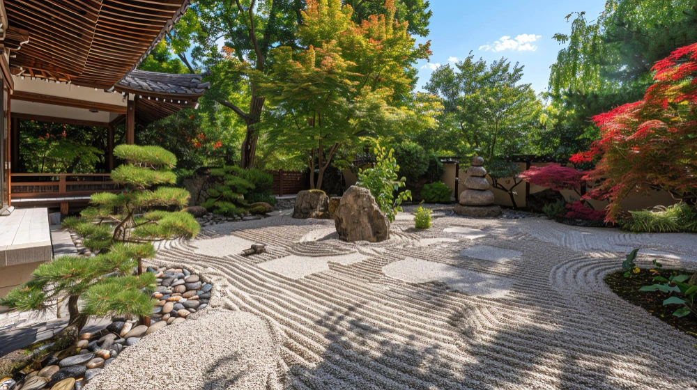 Japanese-inspired Zen landscaping with sculpted bonsai and rock elements in a Dallas home garden