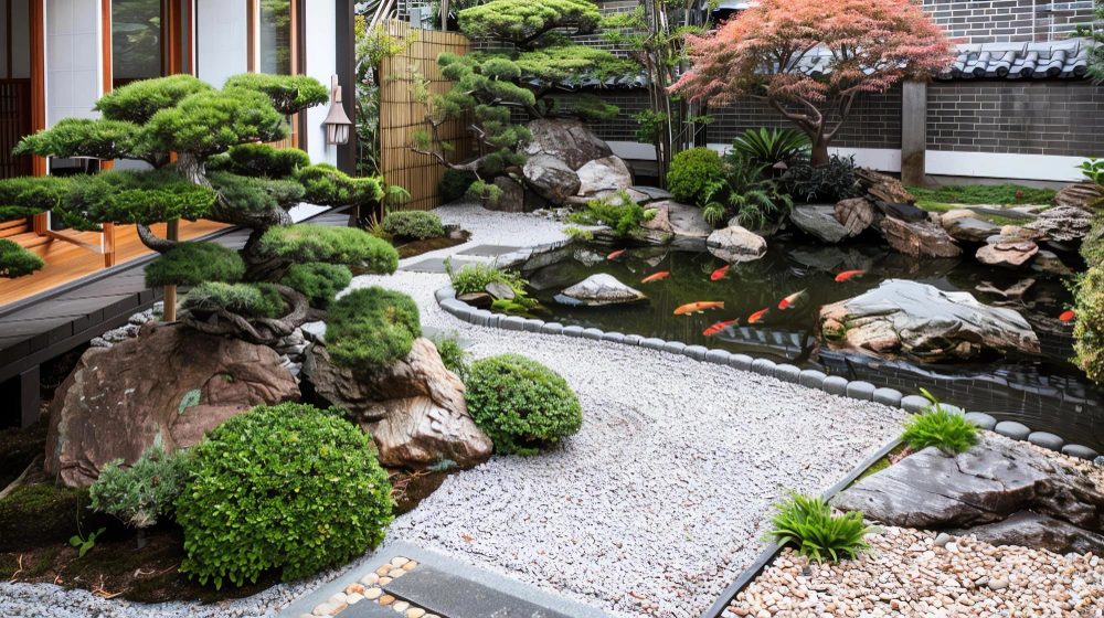 Modern Zen garden design featuring raked gravel, boulders, and bamboo accents in Dallas