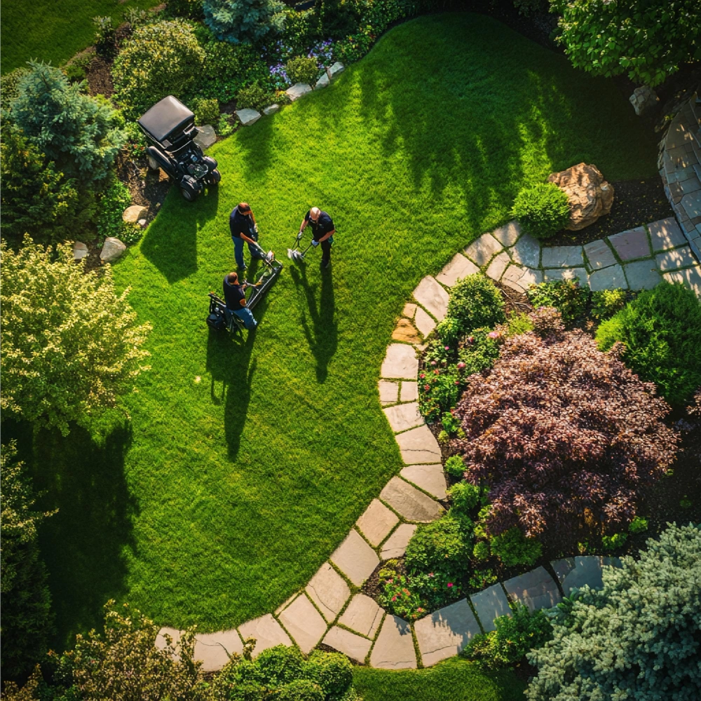 Lawn care service with worker mowing and trimming grass in Dallas