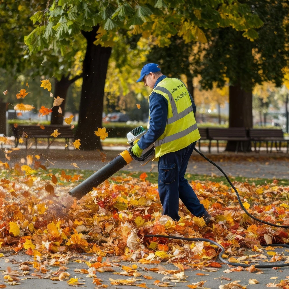 professional landscaper blowing leaves during fall cleanup in Dallas